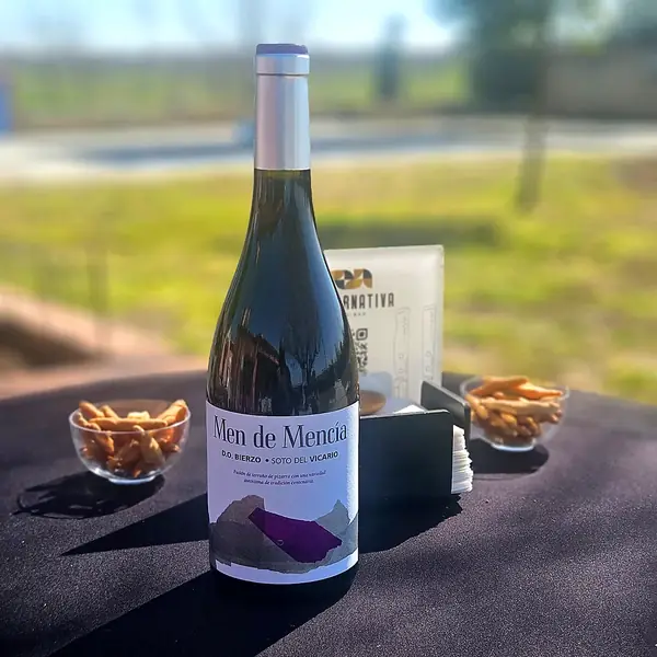 Vino tinto D.O. Bierzo servido en mesa alta durante un evento al aire libre